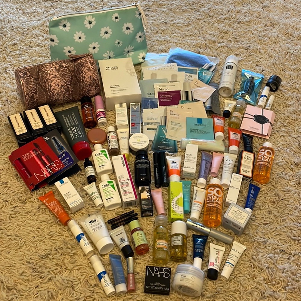 Huge 90 Piece Bundle Lot of Skincare, Cosmetic, & Hair Samples, Mostly Prestige